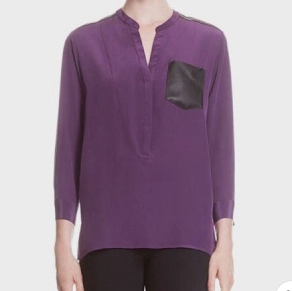 Sandro Blouse Women's Small 100% Silk And Lamb Leather Pocket